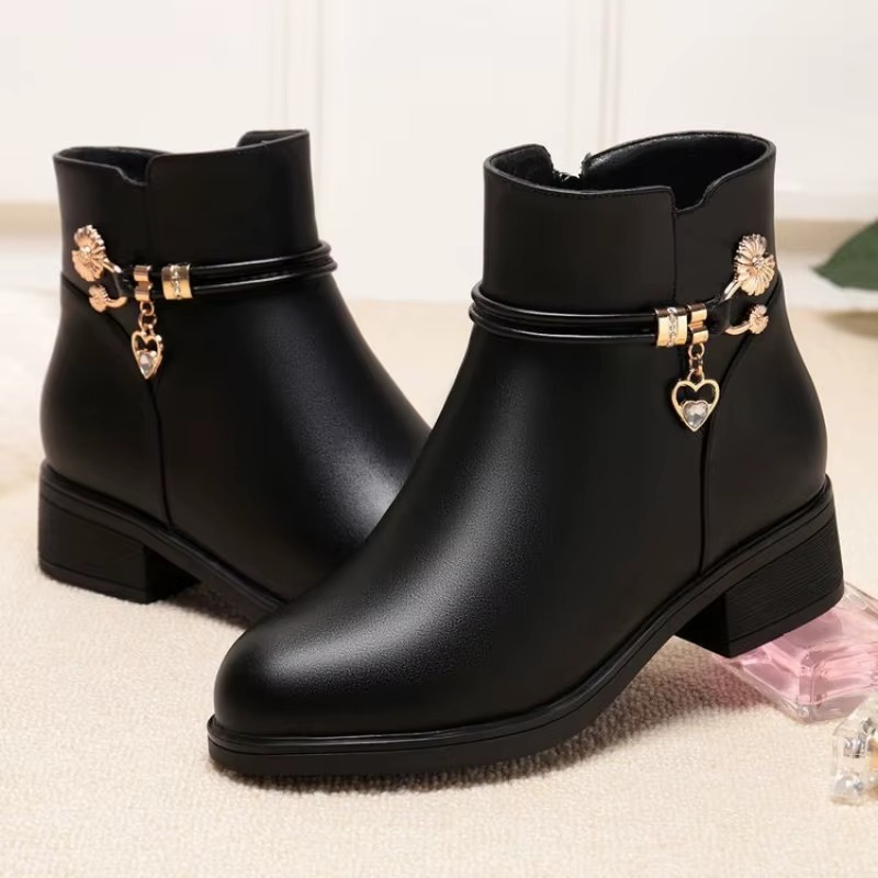 Bottes Femme en Cuir Synthétique avec Doublure Coton Doux pour l’Hiver