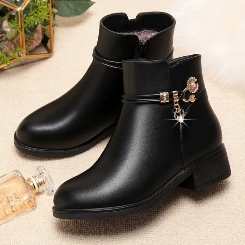 Bottes Femme en Cuir Synthétique avec Doublure Coton Doux pour l’Hiver